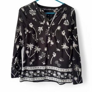 Talbots Womens Petite Med Popover Tropical Blouse Roll Tab Sleeves Gauzy Beachy